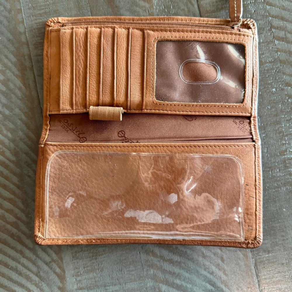 Vtg Fossil Genuine Leather Clutch Wallet Brown Camel Purse Pocketbook Check - Picture 2 of 5